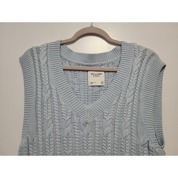 Abercrombie Fitch Crop Cable Knit Sweater Vest Women Blue V-Neck  Academia Med - Picture 2 of 5